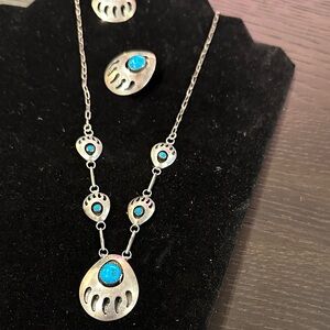 Sterling Silver Bear Paw Necklace & Earrings Set • Turquoise • 925 SJ Signed •